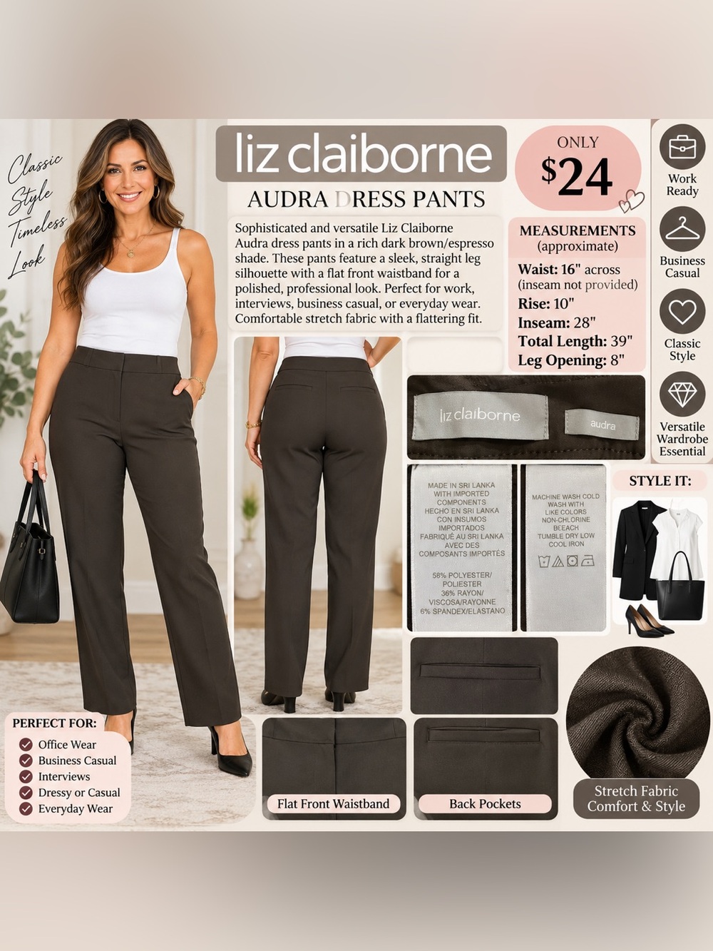 Liz Claiborne Audra Pants Straight Leg Brown Size 8